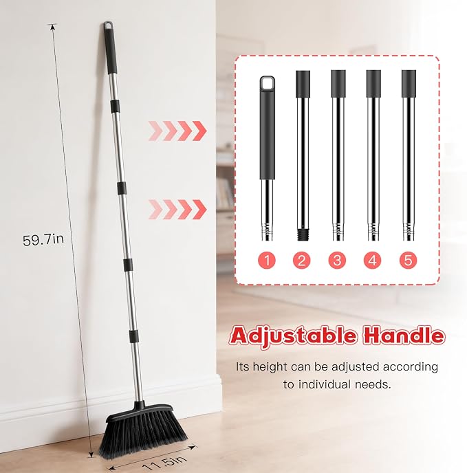 Broom and Step-on Dustpan Set, 59-in Adjustable Long Handle Broom - Image 2