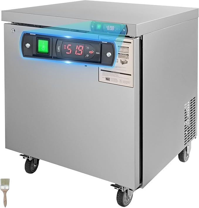 VEVOR 28" W Commercial Refrigerator, Undercounter Worktop Refrigerator, 7.4 Cu. Ft Thick Stainless Steel Refrigerated Food Prep Station Fan Cooling Single Door Worktop Fridge with lock for Bar