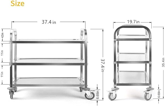 uyoyous Extra Large 3 Tier Stainless Steel Utility Cart 37 x20 x37 inch Commercial Heavy Duty Rolling Cart Food Storage Service Trolley with 360°Rotatable Wheels for Kitchen Hotel Restaurant Home Use