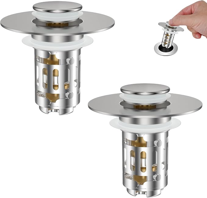 Hibbent 2 Pack Bathroom Sink Drain Strainer, 3 in 1 Pop Up Stopper | Universal by Hibbent