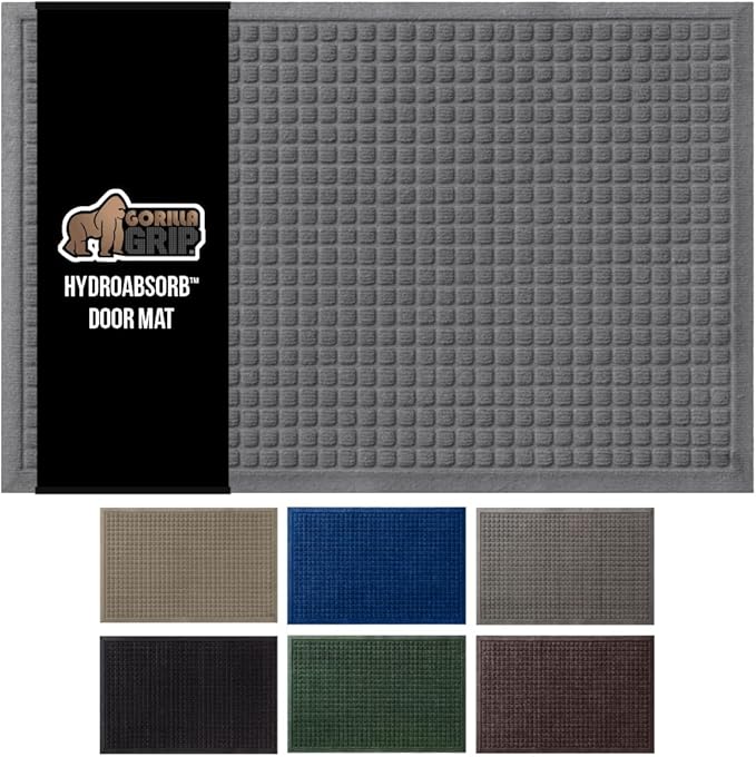 GORILLA GRIP Front Door Mat, 47x35, Indoor Outdoor Ultra Absorbent HydroAbsorb Doormat, Absorbs Up to 6 Cups of Water, Stain and Fade Resistant, Rubber Backing Doormats, Captures Dirt, Grey