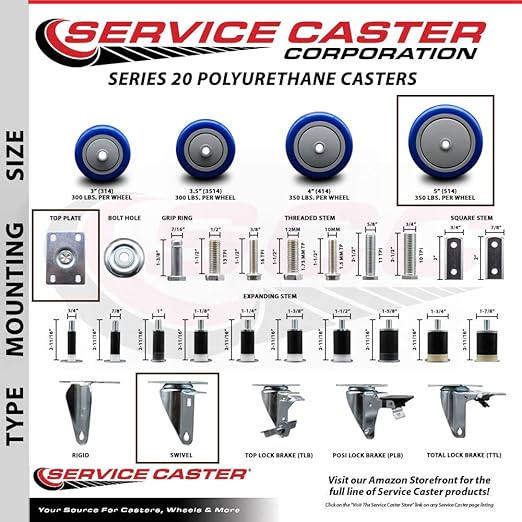 Service Caster Brand Replacement Caster for Uline Caster H-5540S-Swivel Top Plate Caster with 5 Inch Blue Polyurethane Wheel-Light Duty Replacement Caster-Fits Carts, Dollies and Poly Box Truck H-3840