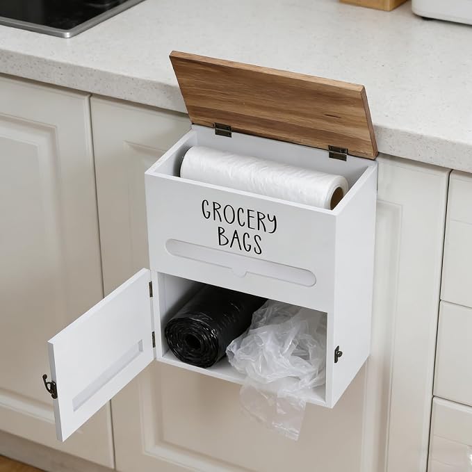 2 in 1 Trash Bag Holder with Grocery Bag Holder, Wooden Trash Bag Dispenser - Image 5