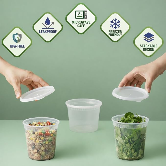48 Sets Plastic Deli Containers - 16oz Pint & 32oz Quart | Leak Proof - Image 3