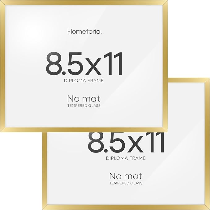 Homeforia Gold Diploma Frame 8.5 x 11, High End Metal 8.5x11 Certificate Frames, 11x8.5 Document Frame for Wall or Tabletop, 8.5 by 11 Letter Size Graduation Frames, Tempered Glass, Wall Kit, Set of 2
