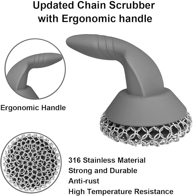 Cast Iron Scrubber with Pan Scraper & Towl, 316 Chainmail Scrubber with Long Handle, Upgraded Chain Mail Scrubber Cleaner for Grill Pan Skillet Wok Carbon Steel Dutch Oven Metal Brush (Grey)