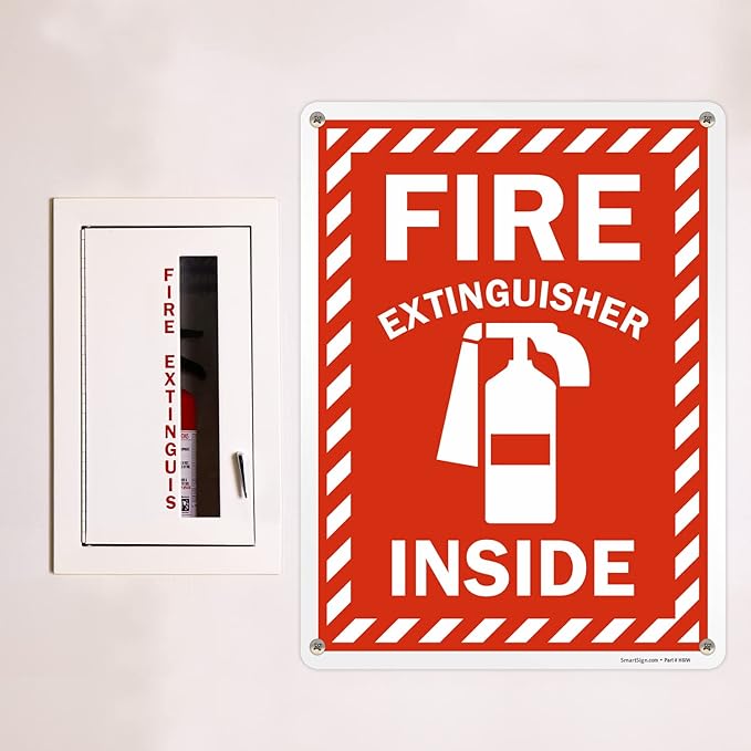 SmartSign 24 x 18 inch “Fire Extinguisher Inside” Sign with Pre-cleared Holes, Digitally Printed, 55 mil HDPE Plastic, Red and white, Made in USA