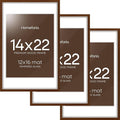 Homeforia 14x22 Picture Frame Brown, High End Dark Oak 14x22 Walnut Wooden Frames with Mat 12x16, 14 x 22 Wood Poster Frame Matted to 12 by 16, 22x14 Hanging Frames, Tempered Glass, Wall Kit, Set of 3