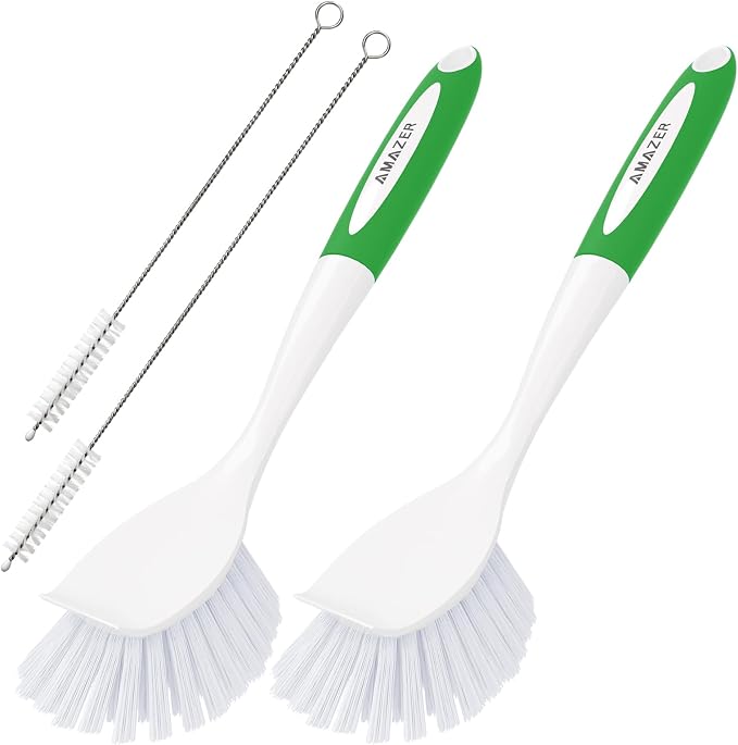 4 Pack Dish Brush with Handle, 2 Kitchen Scrub Brushes by Amazer