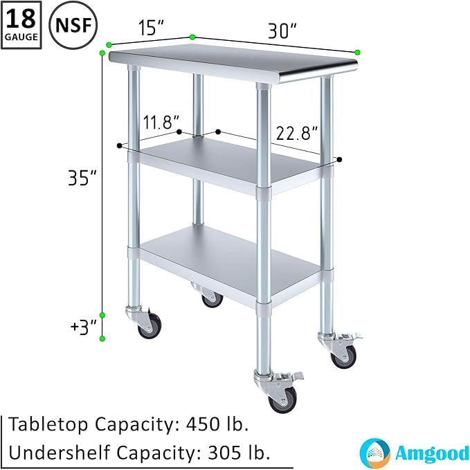 AmGood Stainless Steel Work Table with 2 Shelves and Casters | Metal Utility Table On Wheels (Stainless Steel Work Table with 2 Shelves + Casters, 15" Long x 30" Deep)