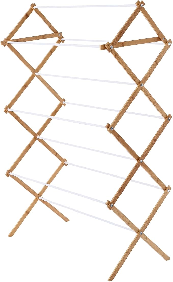 White Natural Space-Saving Collapsible Bamboo Laundry Drying Rack -7 Levels - Image 2