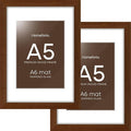 Homeforia A5 Picture Frame Brown, High-End Dark Oak 5.8x8.3 Wood Frame Matted to 4.1x5.8 inch Photo, A5 Size Walnut Wooden Frames with Mat A6 Print, 5.8 x 8.3 Frame, Tempered Glass, Wall Kit, Set of 2