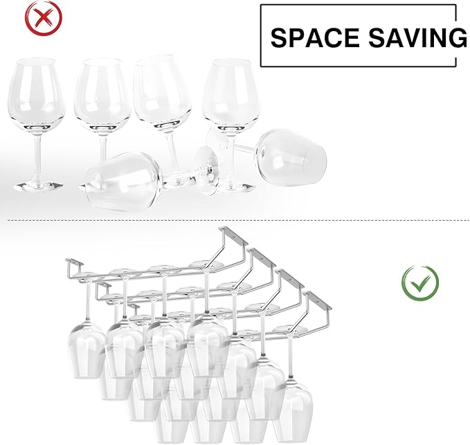 14-Inch Under Cabinet Wine Glass Holder - Metal Stemware Hanger, Single Rail Wine Glass Hanging Rack for Kitchen Bar - Set of 3