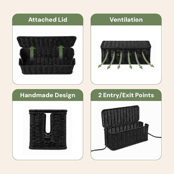 Cable Management Box, Handmade Rattan Cord Organizer - Image 6