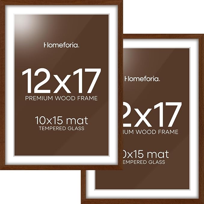 Homeforia 12x17 Picture Frame Brown, High End Dark Oak 12x17 Poster Wood Frame with Mat 10x15 for Photo, 12 x 17 Wooden Walnut Frame Matted to 10 x 15, 17x12 Frames, Tempered Glass, Wall Kit, Set of 2