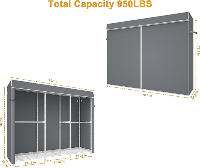 E14C Heavy Duty Closet Organizer System，Freestanding Clothing Racks for Hanging Clothes，Adjustable Garment Rack 70.1" W × 16.6" D × 76.4" H Hold 960 lbs，White Rack with Grey Dustproof Cover