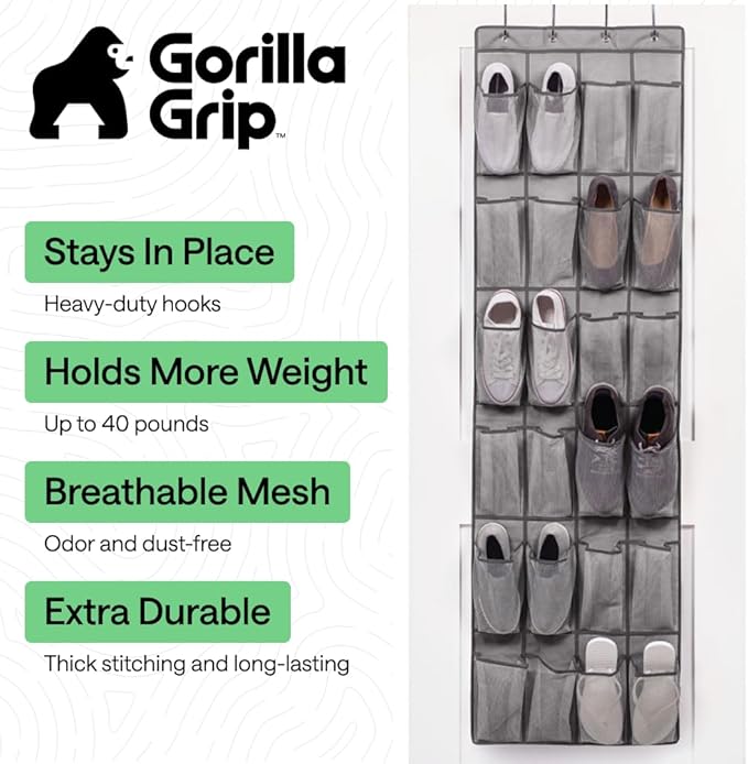 GORILLA GRIP Over the Door Shoe Organizer, 24 Large Pockets, Space Saving - Image 2