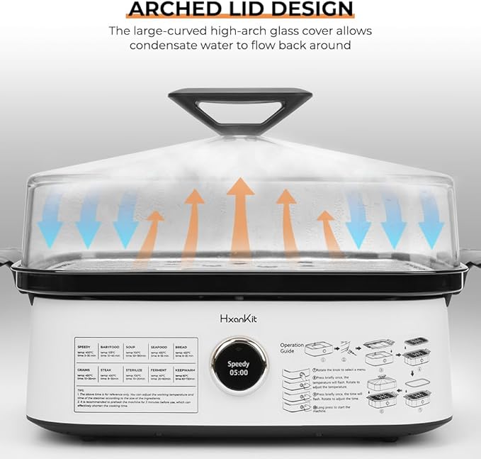 Electric Food Steamer with Boron Glass Lid, 450°C high-temperature steam, fast cooking for Vegetables, seafood, stew, disinfection, built-in program,One-Touch Control,8 Quart,1800W,White