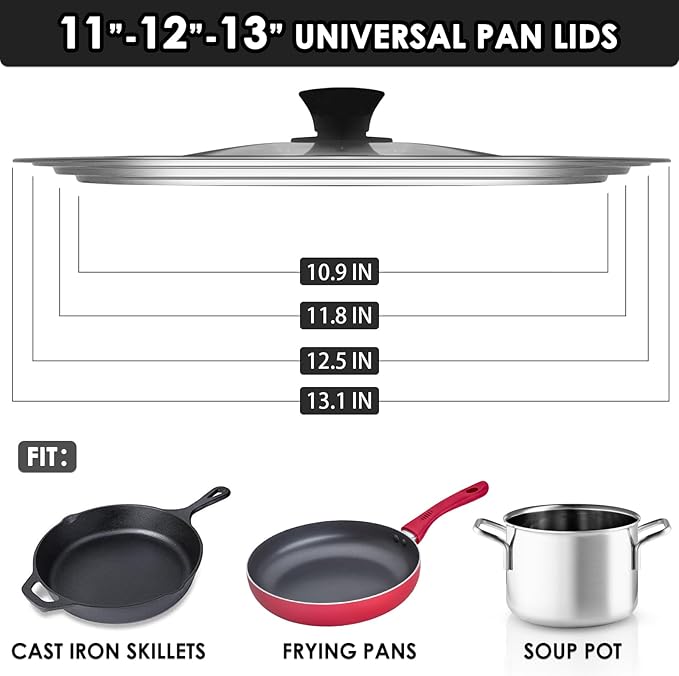Universal Lid for Pots and Pans, Fits 11", 12" & 13" Diameter Cookware, Replacement Stainless Steel Skillets lids, Heat Resistant Frying Pan lid, Dishwasher Safe