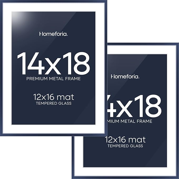 Homeforia 14x18 Picture Frame Navy Blue, High End Metal 14x18 Poster Frames with Mat 12x16 Photo, 14 x 18 Navy Blue Frame Matted to 12 by 16 Print, 18x14 Thin Frame, Tempered Glass, Wall Kit, Set of 2