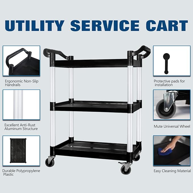 Plastic Commercial Cart Large Size, Restaurant Cart with Wheels Lockable, Heavy Duty Utility Service Cart for Foodservice, Commercial,Office, Warehouse, Black, 40.15X 19.29x 38.97 inches.