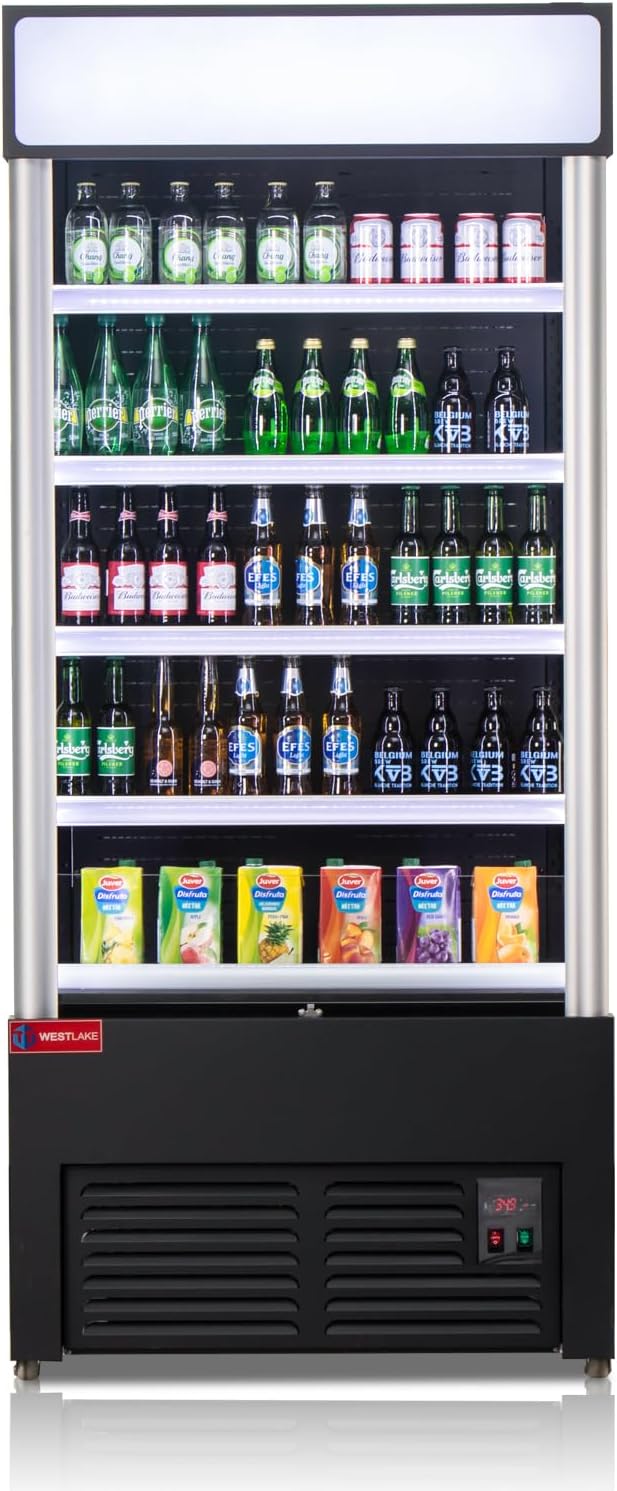 WESTLAKE Open Air Merchandiser Commercial Refrigerator with Lighting and Night Curtain 25.5 Cu.ft 35.4” W 32.5" D Upright Fan Cooling Display Cooler for Stores, Supermarkets, Bar, Shops, etc