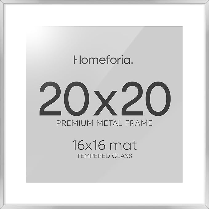 Homeforia 20x20 Silver Picture Frame, High End Metal 20 x 20 Square Frame with Mat 16 x 16 Photo, 20x20 Poster Frames Matted to 16x16 Print, 20 by 20 Hanging Frames, Tempered Glass, Wall Kit, Set of 1