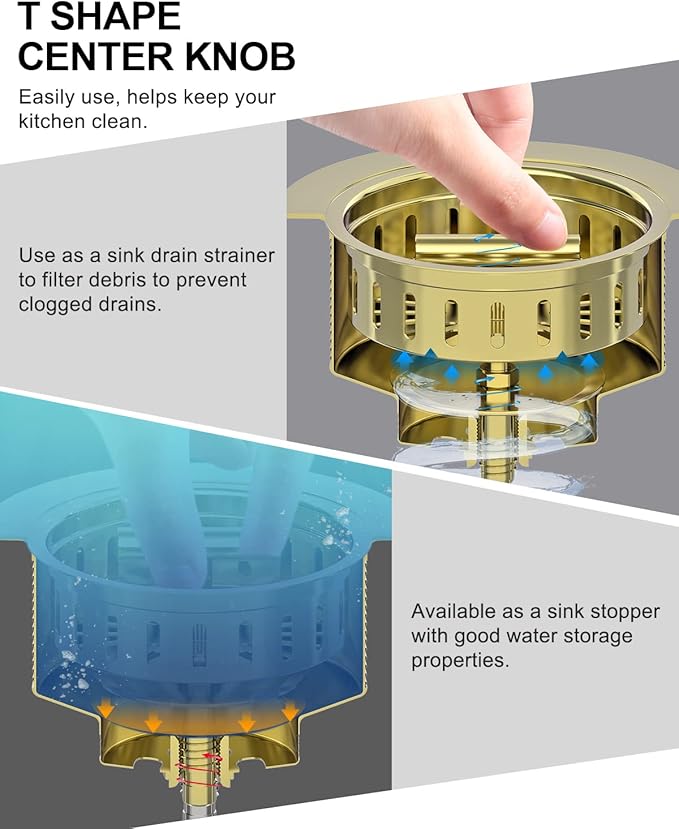 BOTEMY B9171 Gold Kitchen Sink Drain Kit 3 1/2 Sink Strainer for Kitchen Sink with Stainless Steel Strainer Stopper Drain Assembly Basket Strainer Fit Standard Sink Drain Hole