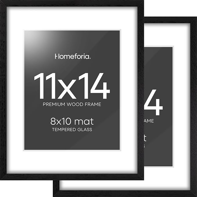 Homeforia 11x14 Picture Frame Black Wood, High End Oak 11x14 Poster Frames with Mat 8x10, 11 x 14 Wooden Frame Matted to 8 x 10 inch Photo, 14x11 Thin Hanging Frame, Tempered Glass, Wall Kit, Set of 2
