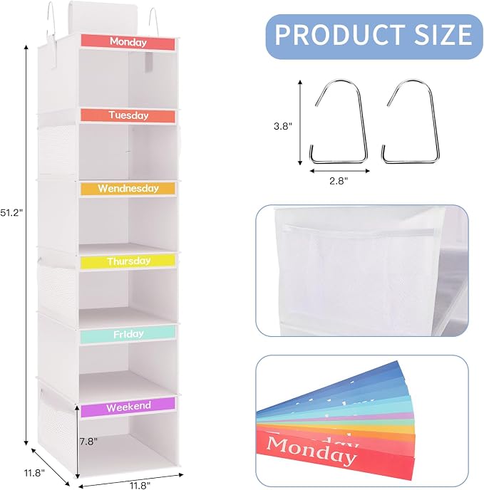 Fixwal Weekly Kids Clothes Organizer 2 Pack 6-Shelf Hanging Storage | Nonwoven - Image 2