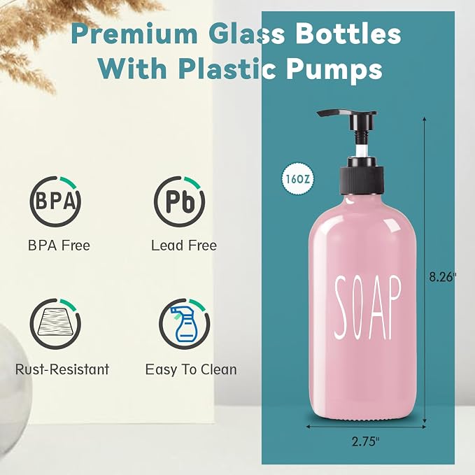 COHOSEGE Glass Soap Dispenser Set 2 Pack, 16 Oz Hand Soap Dispenser - Image 4
