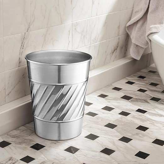 Monarch Abode Metal Bathroom Trash Can – Waste Basket for Bedroom, Office Desk, & Dorm, Handcrafted Wave Embossed, Durable Decorative Nickel Chrome Small Trash Can Bathroom Garbage Bin Wastebasket