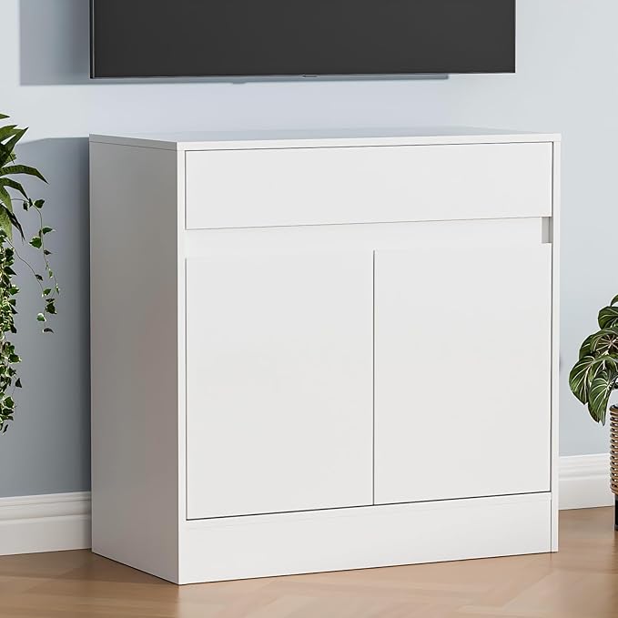 Buffet Cabinet with 2 Doors and Drawer, Coffee Bar Cabinet with Adjustable Shelf, Modern Kitchen Buffet Sideboard for Living Room, Kitchen, White
