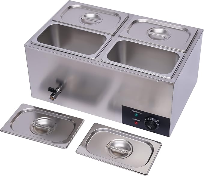 Electric Bain Marie Food Warmer, 600W 4-Pan Commercial Steam Table Food Warmer, 17Qt Portable Countertop Restaurant Buffet Steam Table 86-185℉ Temp Range for Parties, Caterings, Buffets