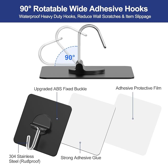 Adhesive Wall Hooks No Drill Black Heavy Duty, 13LB Sticky 12 Pack | Waterproof - Image 4