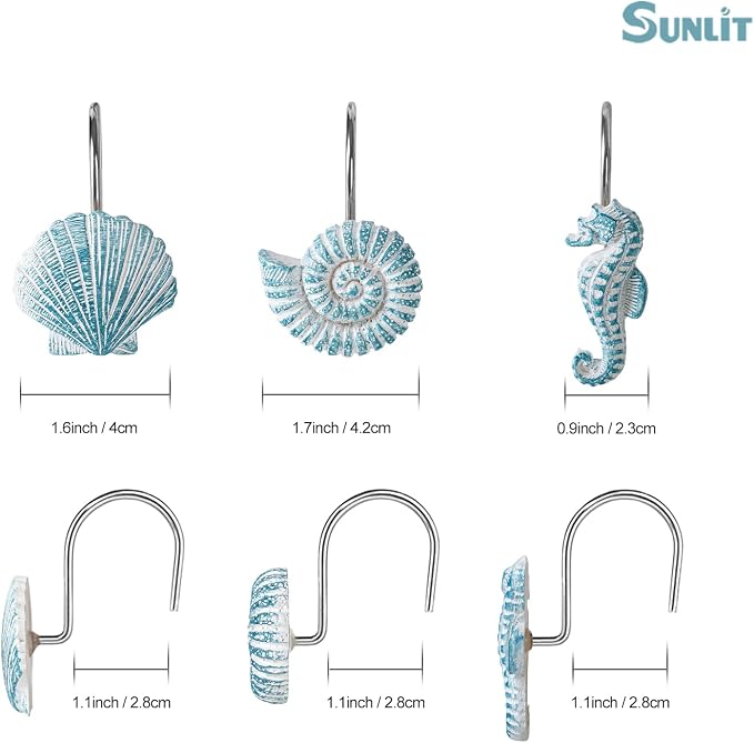 Sunlit Seashells Decorative Shower Curtain Hooks, Aqua Blue Ocean Creatures - Image 3