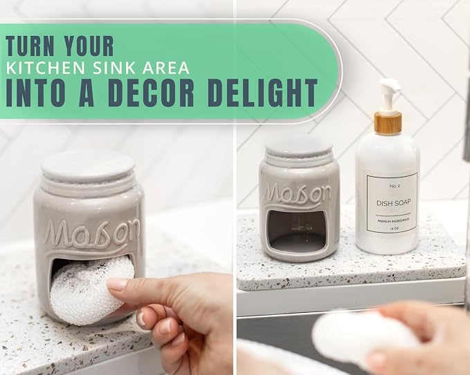 Comfify Grey Mason Jar Ceramic Sponge Holder – Farmhouse Sink Caddy - Image 6