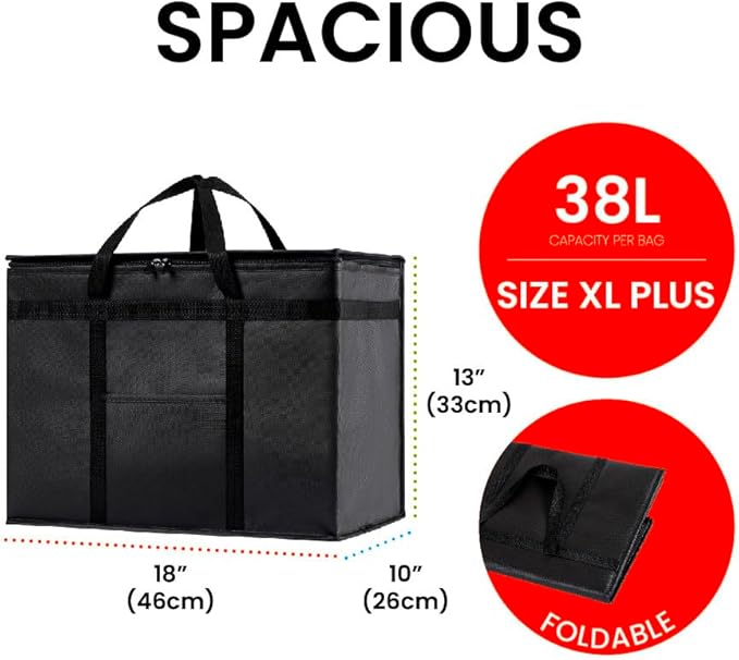 NZ home Insulated Bags for Food Delivery (XL Plus) Grocery Shopping Cooler Bag, Pizza Delivery, Hot & Cold Catering Tote, Reusable, Foldable & Heavy Duty (2 Pack, Orange)