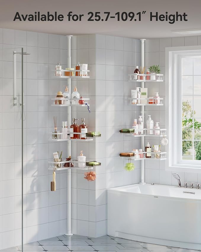 YASONIC Corner Shower Caddy Tension Pole, 25.7-109.1in Adjustable Shower Shelves - Image 2