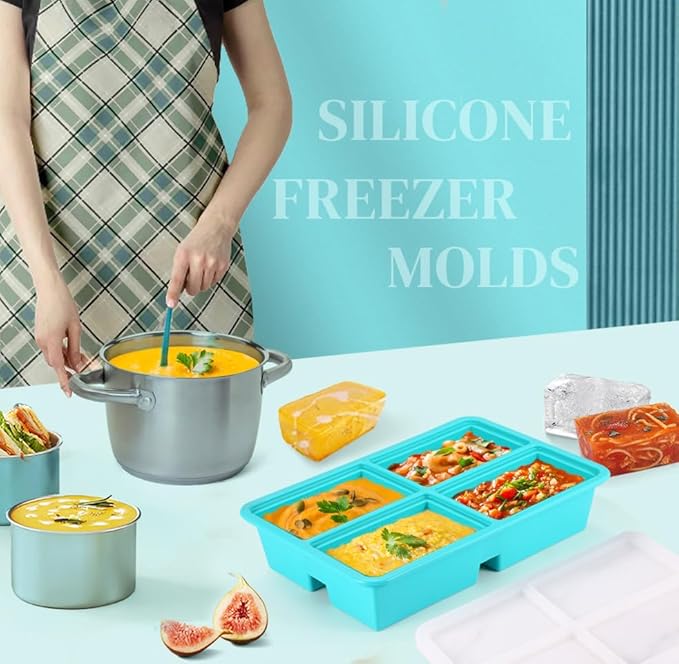 4 Pack Silicone Freezer Trays With Lid - 1 Cup Molds for Soup, Broth, Leftovers - Microwave-Safe Container - Aqua