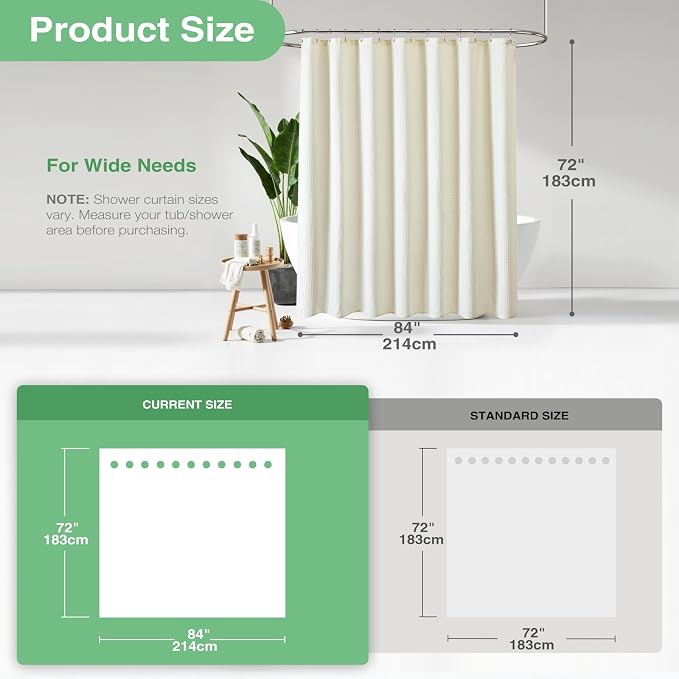 Dynamene Extra Wide Waffle Shower Curtain 256 GSM Fabric 84x72 Cream/Ivory - Image 3