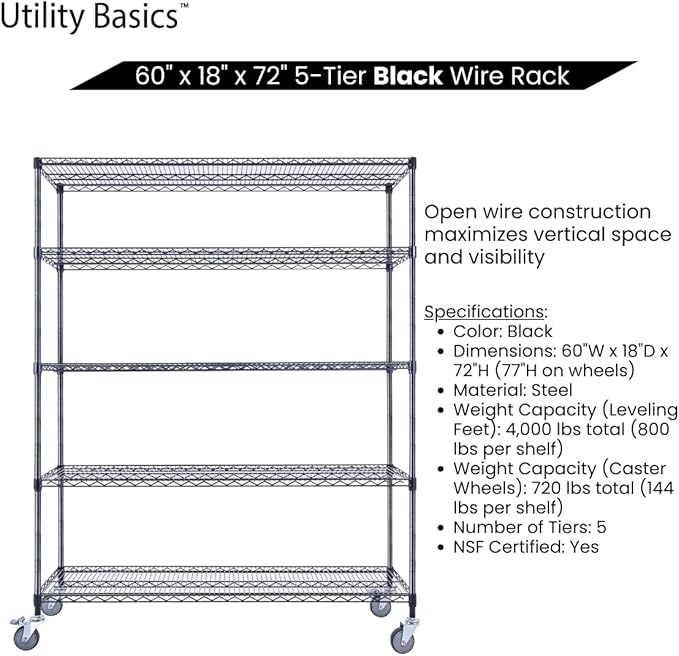 NSF Commercial 5-Tier Wire Shelving with Wheels, 60"x18"x72" Heavy Duty Metal Shelves 4000 lbs Max Capacity, Black Storage Rack for Garage Kitchen Pantry Warehouse