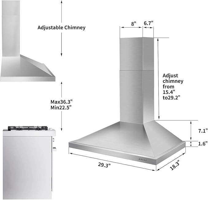 Range Hood, Range Hoods 30 inch Stainless Steel, 450 CFM Kitchen Hood with LED Light Baffle Filters, 3 Speed Exhaust Fan Vent Hood