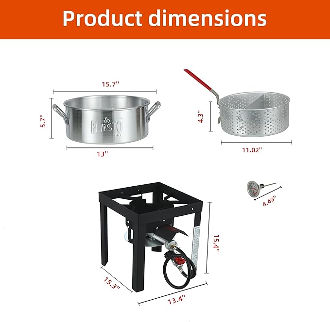 10 Qt Fish Fryer Pot and Basket, Aluminum Propane Fish Fryer Kit with 50,000 BTUs Output and Thermometer for Outdoor and Backyard Cooking, Silver & Black
