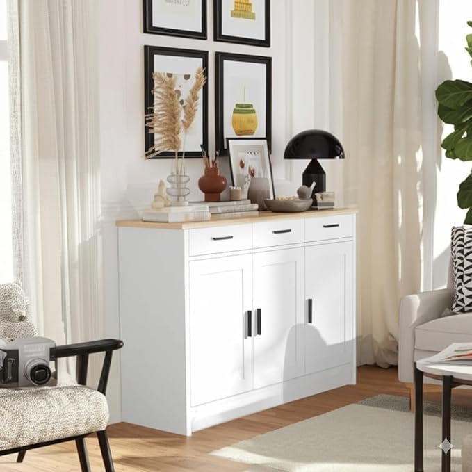 Anystyle 45" White Buffet Cabinet with Storage, Kitchen Sideboard with 3 Drawers & 3 Doors, Modern Coffee Bar Cabinet Credenza Console Table for Dining Room, Living Room, Hallway