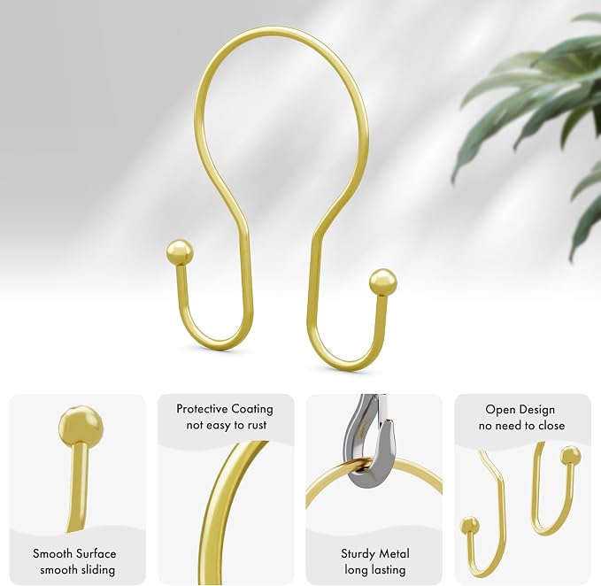 AmazerBath Shower Curtain Hooks Gold Shower Curtain Rings, Simple Double Hook - Image 2