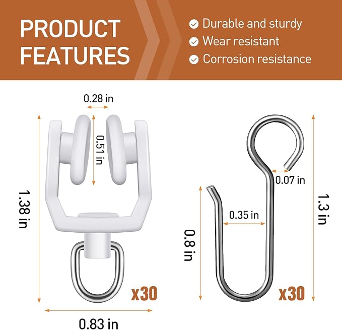 Jetec 60 Pcs Curtain Track Hooks Rollers Ceiling Mount S Hooks, Straight Curved - Image 2