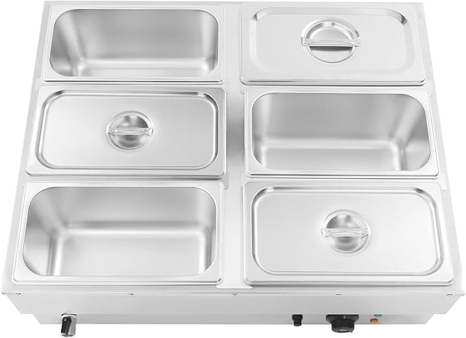 6-Pan Commercial Food Warmer, 1500W Stainless Steel Electric Buffet Warmer with Lid & Drain Valve, Countertop Steam Table Bain Marie for Parties, Catering, Restaurants & Buffet Serving