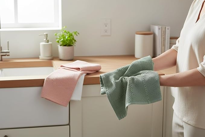 Sage Pink White Kitchen Hand Dish Towels, 100% Cotton - Image 3