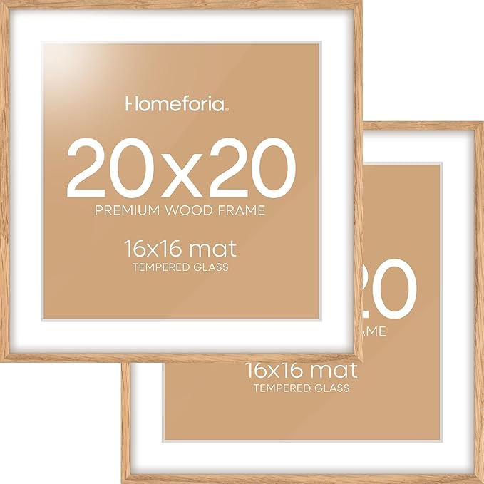 Homeforia 20x20 Wood Picture Frame, High End Natural Oak 20 x 20 Square Light Wooden Frames with Mat 16 by 16 inch Photo, 20by20 Poster Frames Matted to 16x16 Print, Tempered Glass, Wall Kit, Set of 2